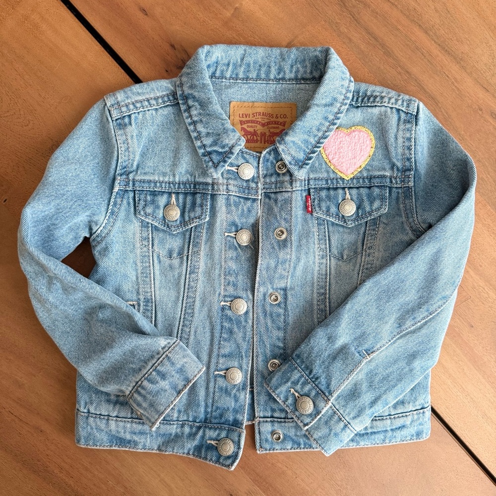 Levi’s Kids Light Blue Custom Denim Jacket with Pink Heart Patch 3T